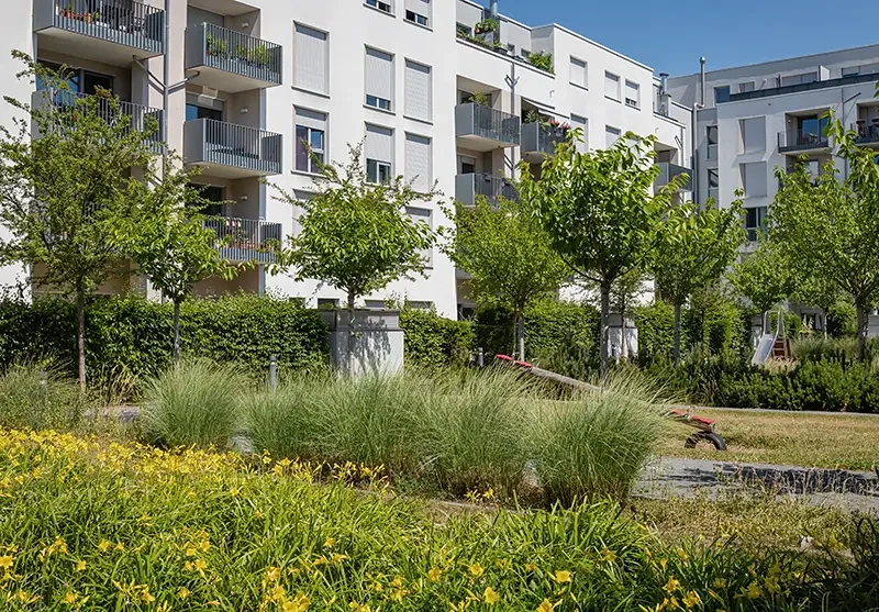 Modern flerbostadshus med grönskande trädgård och träd i förgrunden.