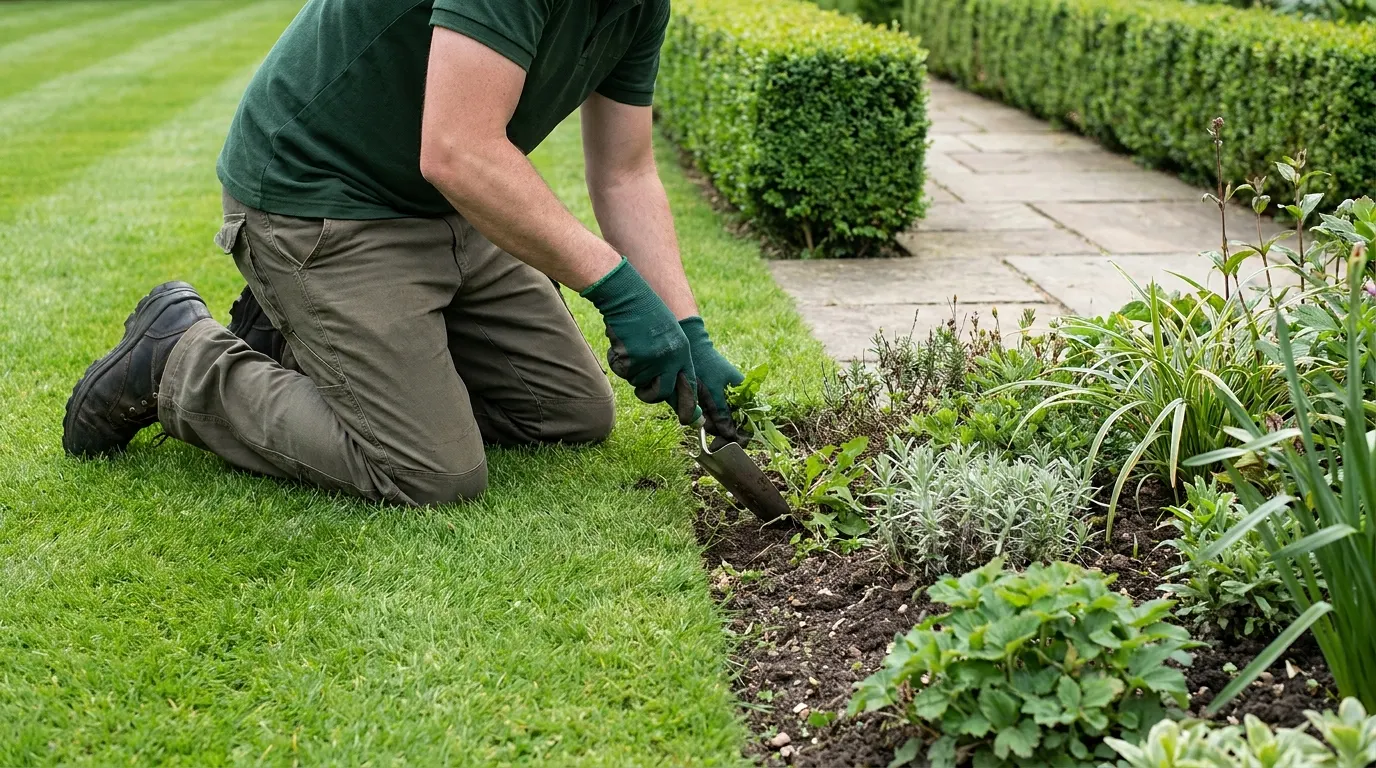 Person i grön tröja ogräsar blomrabatt med handverktyg på gräsmatta.