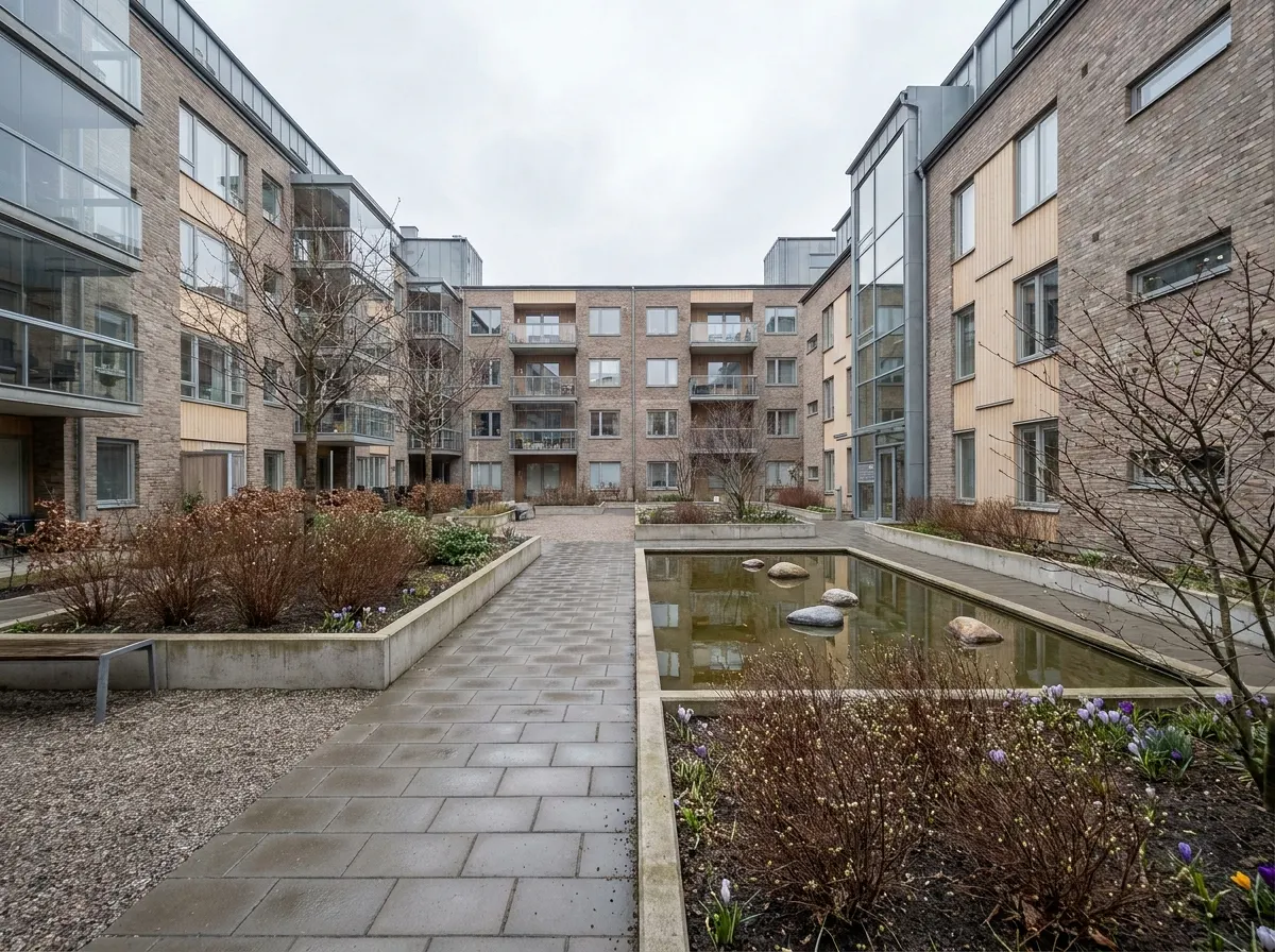Innergård med damm och gångväg mellan moderna flerbostadshus i tegel.