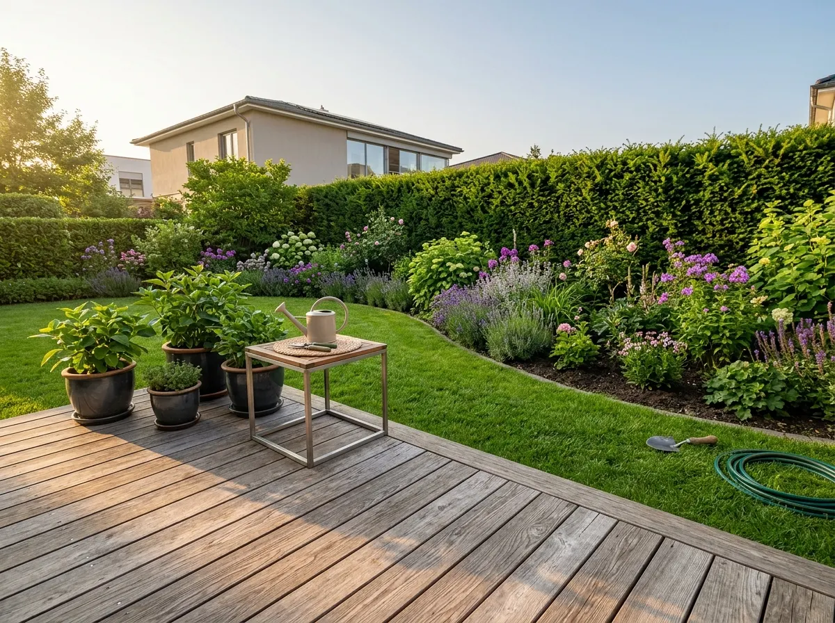 Välskött trädgård med gräsmatta, blomsterrabatter, träterrass och häck mot bostadshus.